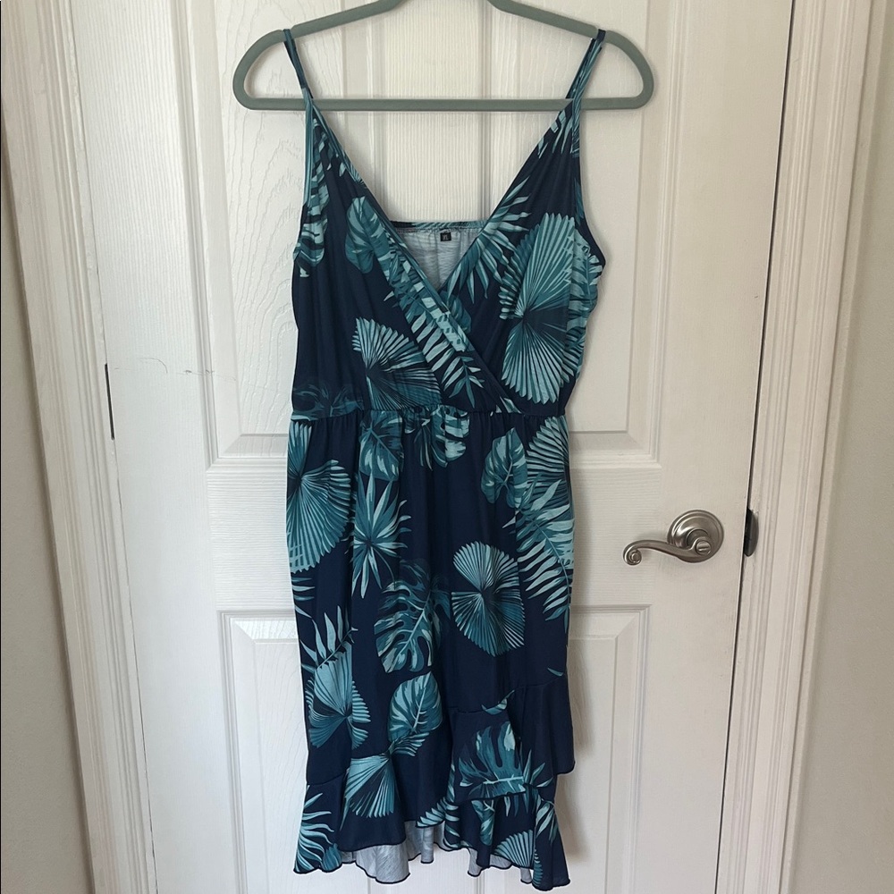 Navy Blue Tropical Print Wrap Dress